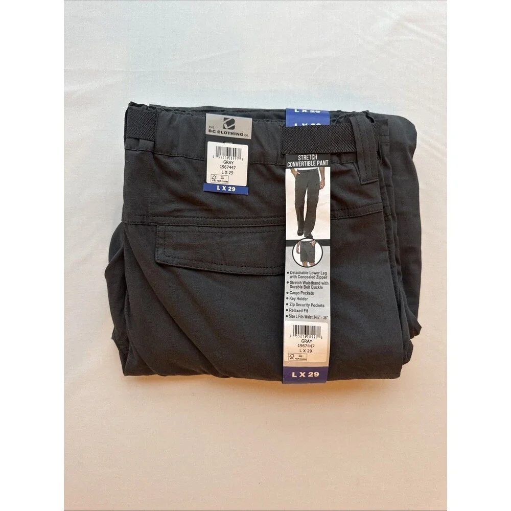B.C. Clothing Men's Convertible Stretch Cargo Short / Pants, Gray, Size L X29